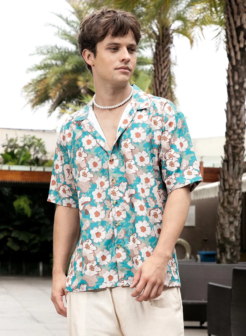Campus Sutra Campus Sutra Men's Multicolour Flora-Block Oversized Shirt For Casual Wear | Cuban Collar | Short Sleeve | Button Closure | Oversized Shirt Crafted With Comfort Fit For Everyday Wear