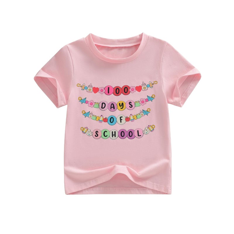 Douhoow Girls 100 Days of School Shirt Short Sleeve Toddler Girl Tops 100th Day of School Shirt Kids (Pink, 3-4 Years) - Image 1
