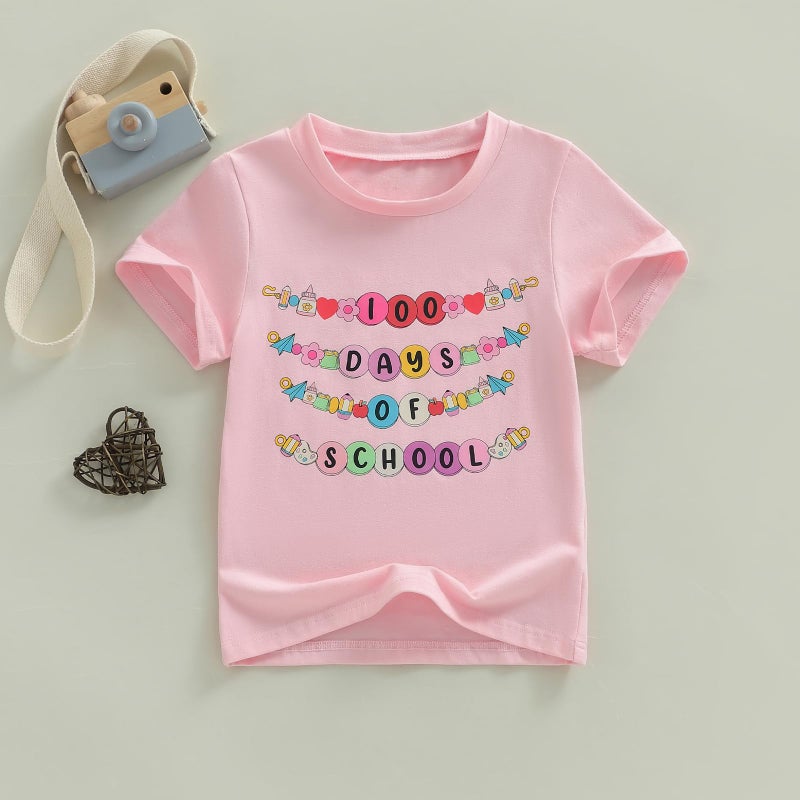 Douhoow Girls 100 Days of School Shirt Short Sleeve Toddler Girl Tops 100th Day of School Shirt Kids (Pink, 3-4 Years) - Image 3