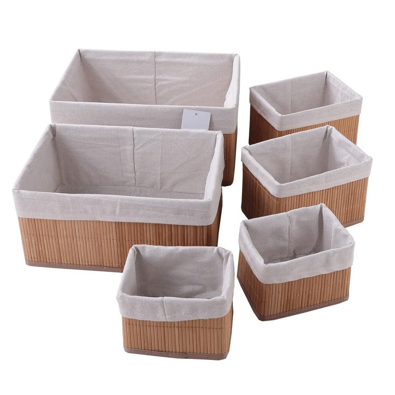 Kuber Industries Kuber Industries Pack of 6 Bamboo Storage Basket With Liner|Fodable Storage Organizer|Box For Cloth, Toiletry, Bathroom|Capacity 14.9L, 10.5L, 3.5L, 1.9L|Natural|  - Image 1