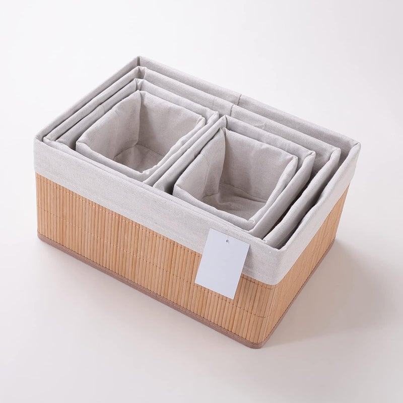 Kuber Industries Kuber Industries Pack of 6 Bamboo Storage Basket With Liner|Fodable Storage Organizer|Box For Cloth, Toiletry, Bathroom|Capacity 14.9L, 10.5L, 3.5L, 1.9L|Natural|  - Image 3