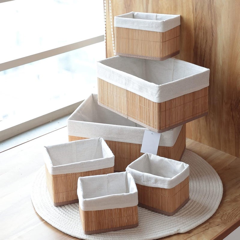 Kuber Industries Kuber Industries Pack of 6 Bamboo Storage Basket With Liner|Fodable Storage Organizer|Box For Cloth, Toiletry, Bathroom|Capacity 14.9L, 10.5L, 3.5L, 1.9L|Natural|  - Image 2