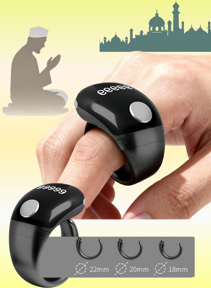 Tasbih Zikr Smart Ring, Adjustable Counter, Size (18 and 20mm 22), Digital Counter Prayer Reminder Ring, Waterproof Counter Zikr Ring, For Muslims (black) - Image 1