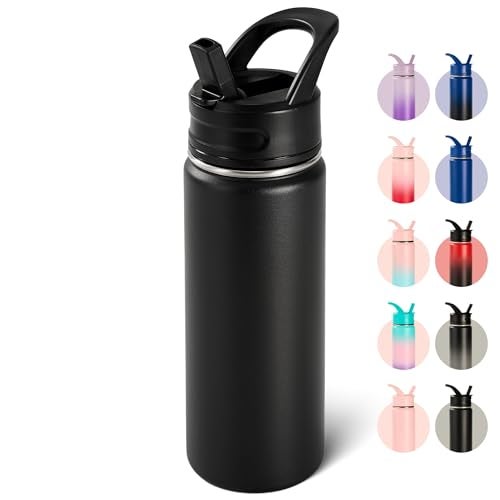 Fijinhom 18oz Insulated Stainless Steel Water Bottle with Straws, Double Wall Vacuum Insulated Bottles, Metal Thermo for Travel, Sports, Leak-Proof, BPA Free, Women & Men, Black - Image 1