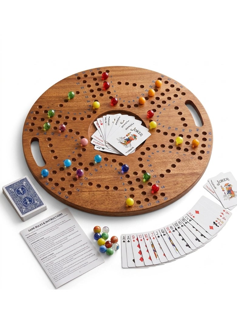 A 30-cm round wooden game board with glass marbles and playing cards—an interactive, entertaining board game for family and friends - Image 1