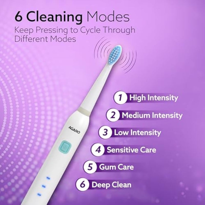 AGARO COSMIC Lite Sonic Electric Toothbrush for Adults with 6 Modes, 3 Brush Heads, 1 Interdental Head and Rechargeable with 3.5 Hours Charge Lasting up to 25 Days, Power Toothbrush - Image 3