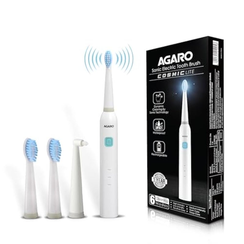 AGARO COSMIC Lite Sonic Electric Toothbrush for Adults with 6 Modes, 3 Brush Heads, 1 Interdental Head and Rechargeable with 3.5 Hours Charge Lasting up to 25 Days, Power Toothbrush - Image 1