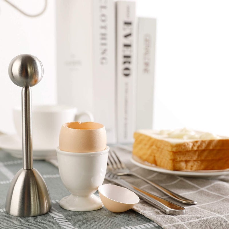 forkmannie Egg Cracker Topper Set for Soft Hard Boiled Eggs Shell Removal Includes 1 Egg Cutter 4 Ceramic Egg Cups and 4 Spoons - Image 5