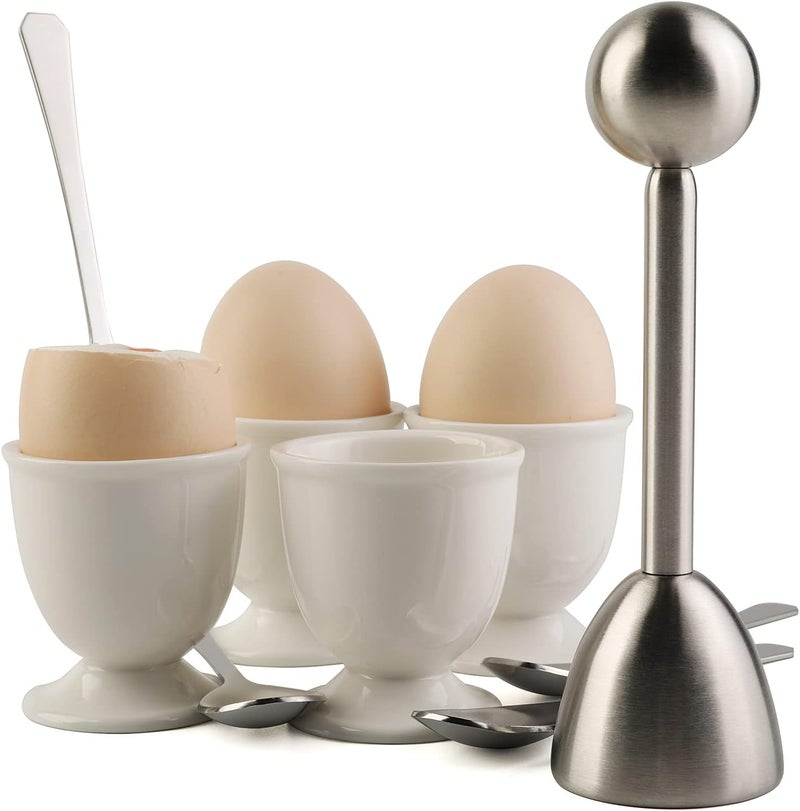 forkmannie Egg Cracker Topper Set for Soft Hard Boiled Eggs Shell Removal Includes 1 Egg Cutter 4 Ceramic Egg Cups and 4 Spoons - Image 1