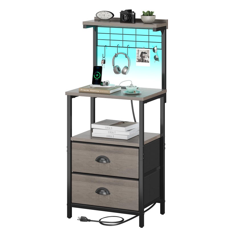sthmec Tall Nightstands with Charging Station, LED Night Stand Bedsides with 2 Fabric Drawers,Hooks,USB Port and Open Storage Shelves,Tall End Table Bedside for Bedroom,Office, Grey - Image 1