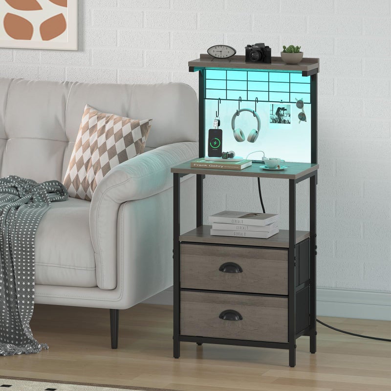 sthmec Tall Nightstands with Charging Station, LED Night Stand Bedsides with 2 Fabric Drawers,Hooks,USB Port and Open Storage Shelves,Tall End Table Bedside for Bedroom,Office, Grey - Image 2