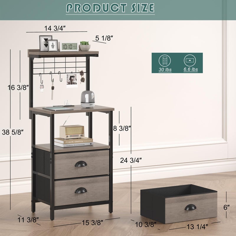 sthmec Tall Nightstands with Charging Station, LED Night Stand Bedsides with 2 Fabric Drawers,Hooks,USB Port and Open Storage Shelves,Tall End Table Bedside for Bedroom,Office, Grey - Image 3