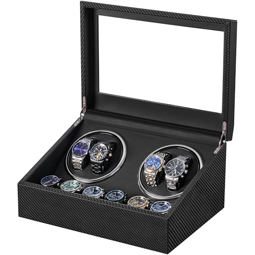 BEWISHOME Watch Winders for Automatic Watches, 4 Watch Winder and 6 Storage Case with Quiet Japanese Motor, Automatic Watch Winder Box Watch Rotator with Type-C Adapter, Carbon Fiber SYQ31C - Image 1