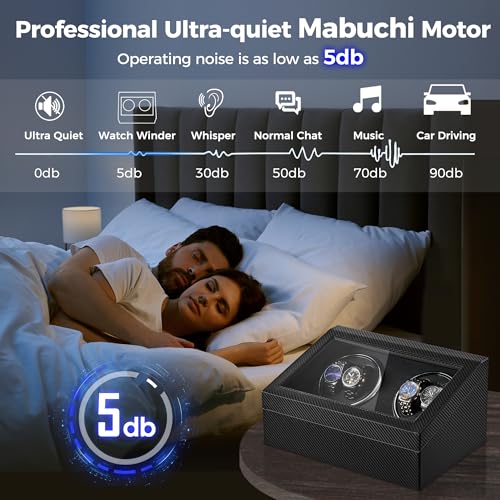 BEWISHOME Watch Winders for Automatic Watches, 4 Watch Winder and 6 Storage Case with Quiet Japanese Motor, Automatic Watch Winder Box Watch Rotator with Type-C Adapter, Carbon Fiber SYQ31C - Image 3