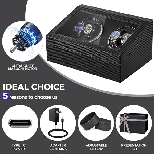 BEWISHOME Watch Winders for Automatic Watches, 4 Watch Winder and 6 Storage Case with Quiet Japanese Motor, Automatic Watch Winder Box Watch Rotator with Type-C Adapter, Carbon Fiber SYQ31C - Image 2