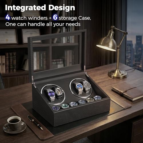 BEWISHOME Watch Winders for Automatic Watches, 4 Watch Winder and 6 Storage Case with Quiet Japanese Motor, Automatic Watch Winder Box Watch Rotator with Type-C Adapter, Carbon Fiber SYQ31C - Image 4