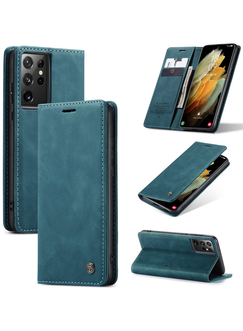 CaseMe Samsung Galaxy S21 Ultra Case Wallet, for Samsung Galaxy S21 Ultra Wallet Case Book Folding Flip Folio Case with Magnetic Kickstand Card Slots Protective Cover - Green - Image 1