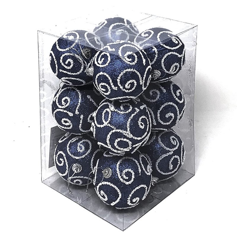 allgala allgala 12 Pack 3 Inch Christmas Tree Ornament Balls-Glitter Decorated Foam Large Xmas Ball-Navy Blue  - Image 1