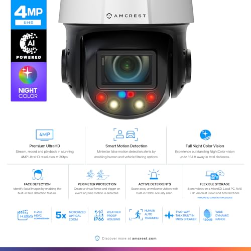 Amcrest 4MP Outdoor PTZ POE AI IP Camera Pan Tilt Zoom Optical 5X Motorized Security Speed Dome Human and Vehicle Detection IVS Face Detection Auto Tracking POE 8023at IP4M1098EWAI - Image 3