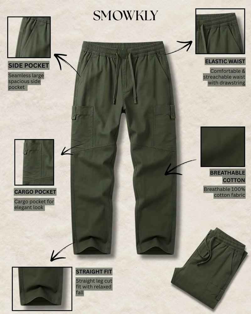 SMOWKLY Men’s Cotton Cargo Pants|Casual Trousers for Men|Comfortable Lower for Men|Pants for Man with 6 Pockets & Drawstring Elastic Waistband|Outdoor Trousers (1685_OGRN_38) Olive Green - Image 5