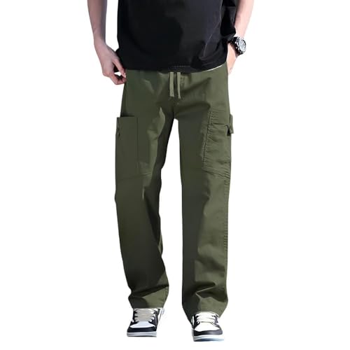 SMOWKLY Men’s Cotton Cargo Pants|Casual Trousers for Men|Comfortable Lower for Men|Pants for Man with 6 Pockets & Drawstring Elastic Waistband|Outdoor Trousers (1685_OGRN_38) Olive Green - Image 1