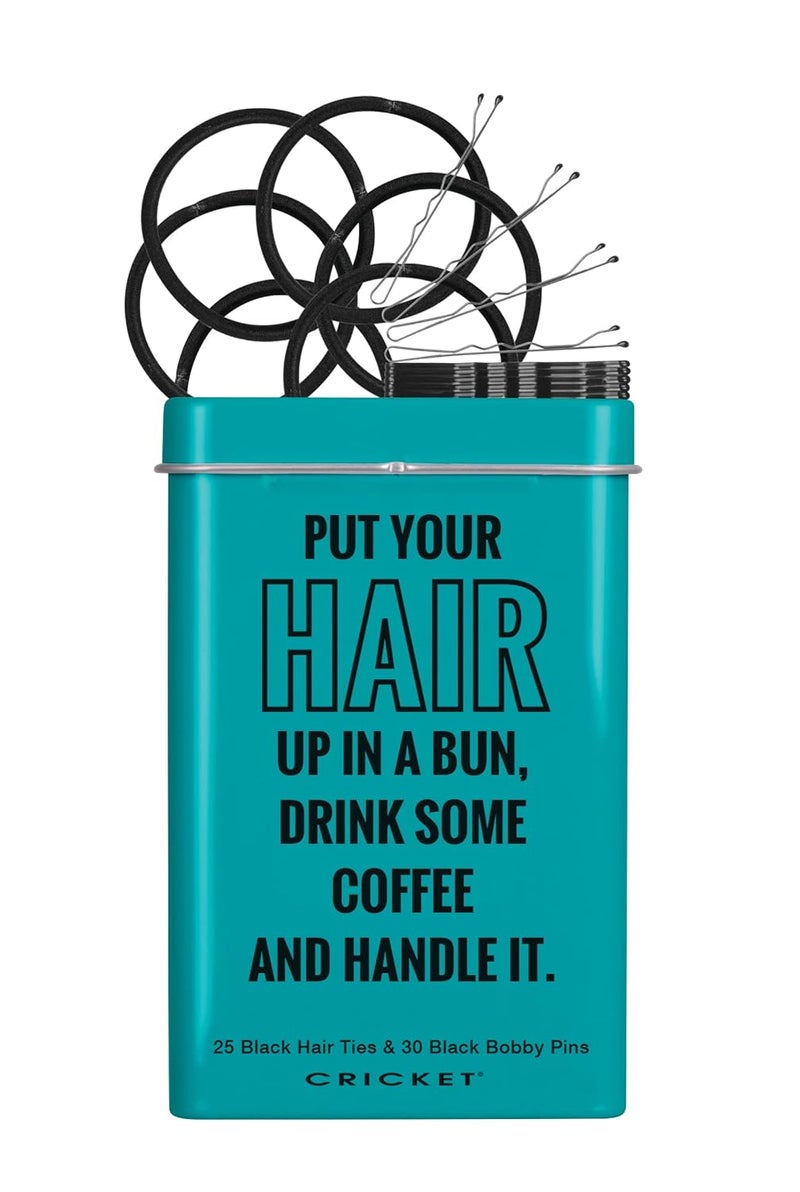 Cricket Hair Accessories Handle It Tin Includes 25 Non Metal Hair Ties and 30 Bobby Pins in Reusable Metal Tin Black 55 PCS