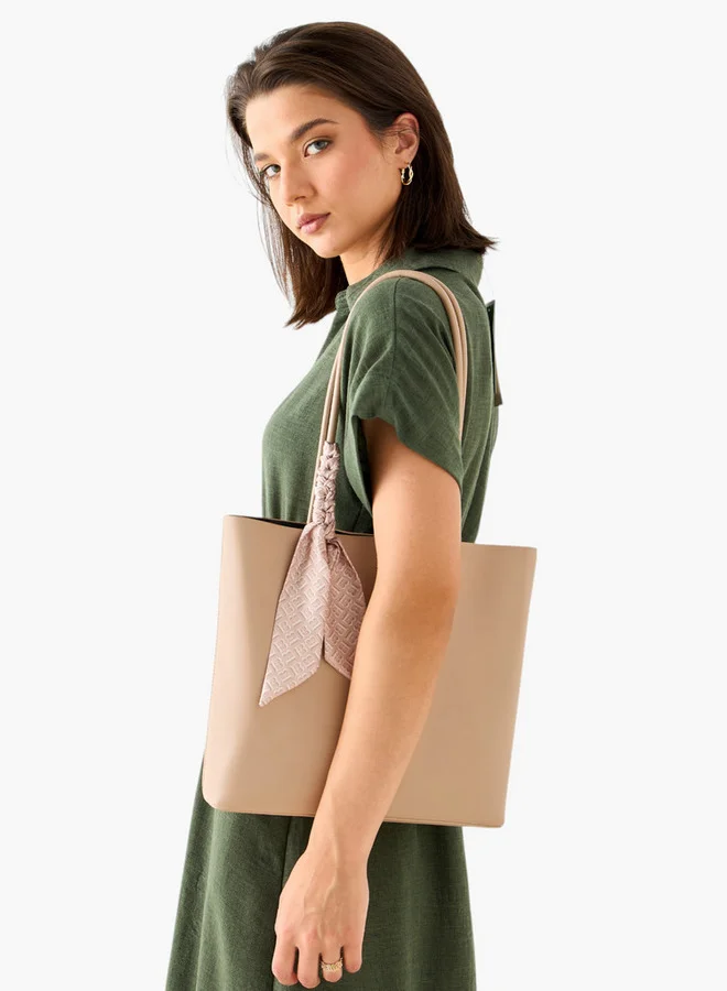 Flora Bella By Shoexpress Women Solid Tote Bag with Monogram Scarf Accent and Pouch
