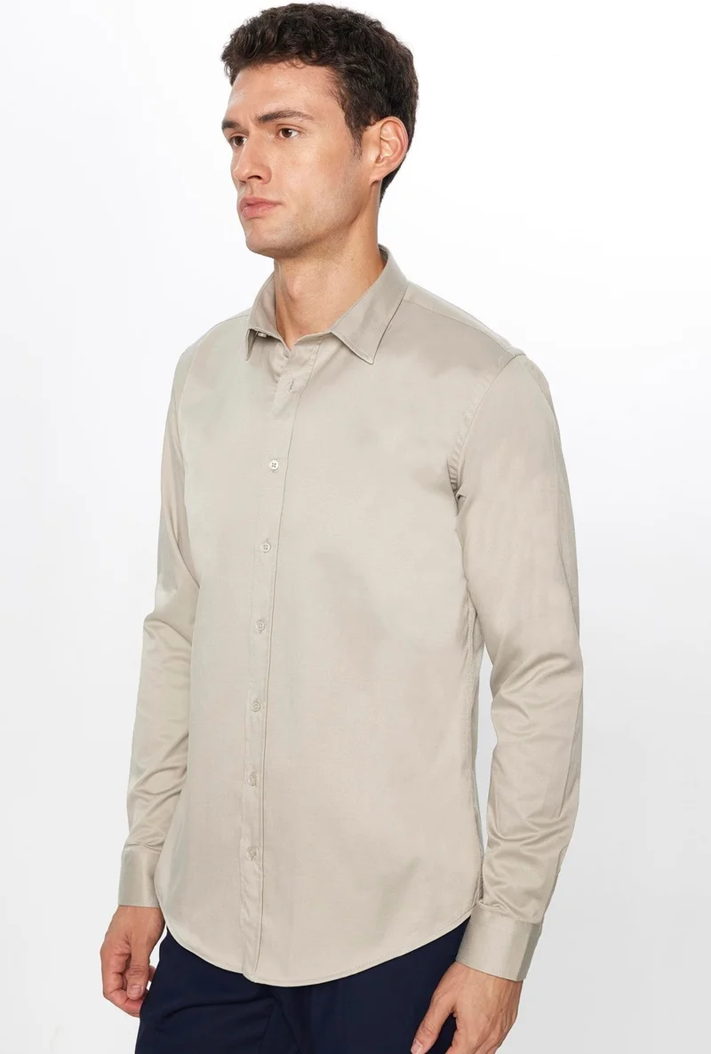 Tudors Men's Slim Fit Slim Fit Long Sleeve Cotton Satin Stone Color Shirt