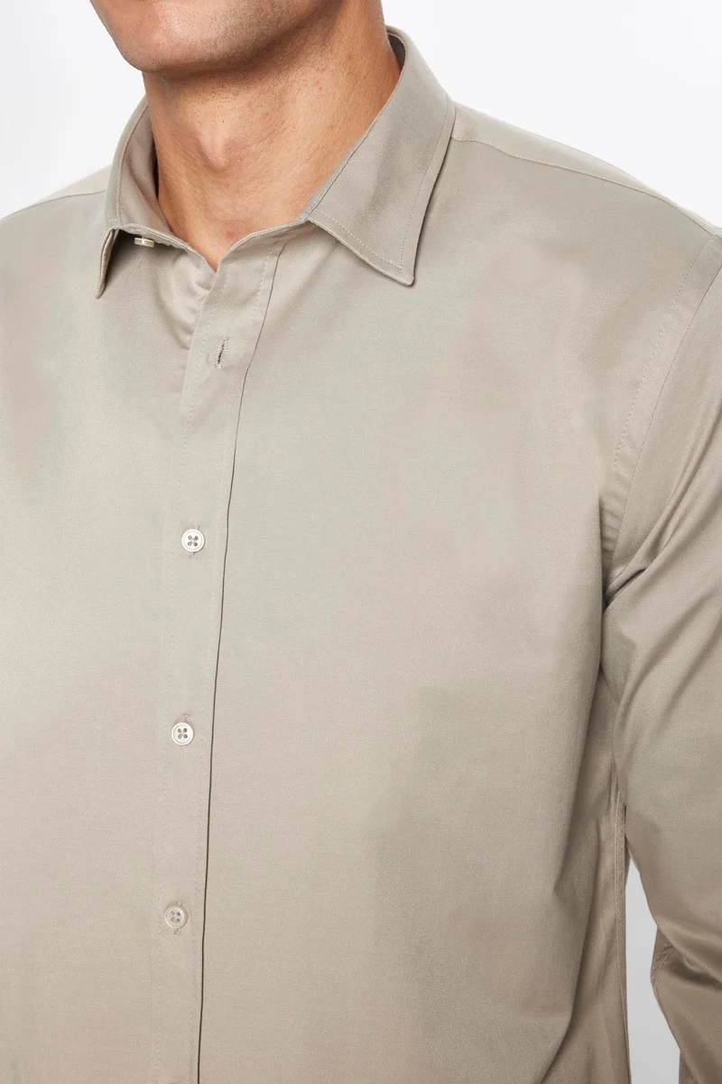 Tudors Men's Slim Fit Slim Fit Long Sleeve Cotton Satin Stone Color Shirt