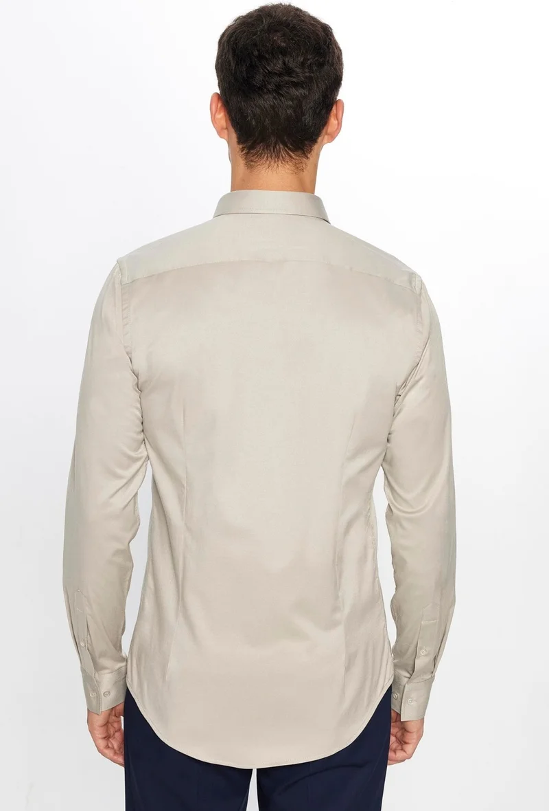 Tudors Men's Slim Fit Slim Fit Long Sleeve Cotton Satin Stone Color Shirt