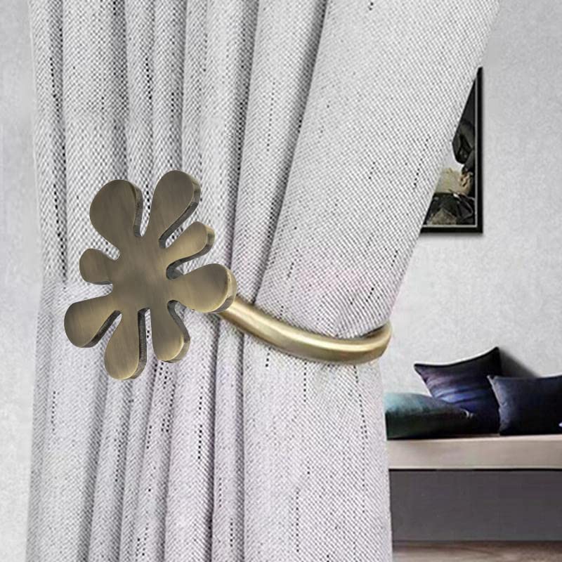 Chitra 2 Pcs Curtain Holdback for Curtains Wall Mounted Metal Drapery Hook for Door Window Treatment - Flower Tie Back (Antique Brass) - Image 1