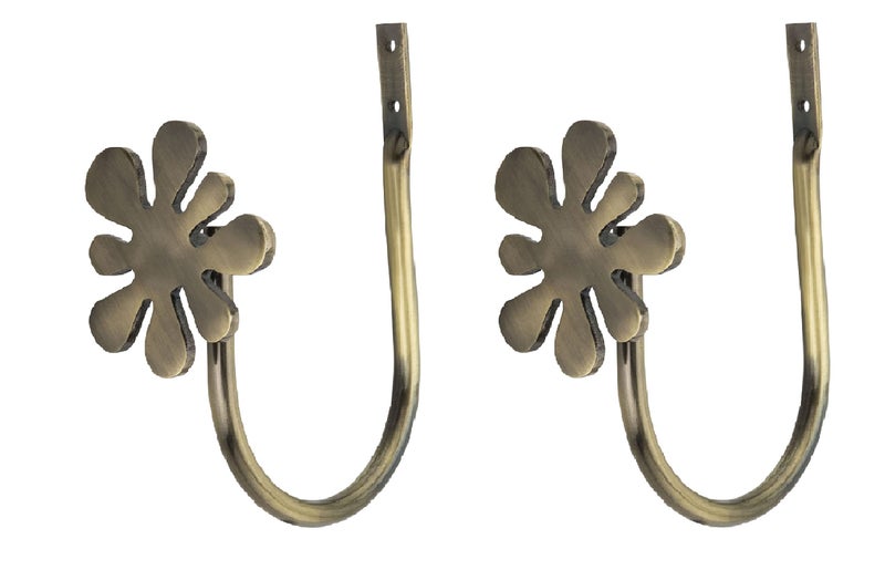 Chitra 2 Pcs Curtain Holdback for Curtains Wall Mounted Metal Drapery Hook for Door Window Treatment - Flower Tie Back (Antique Brass) - Image 2