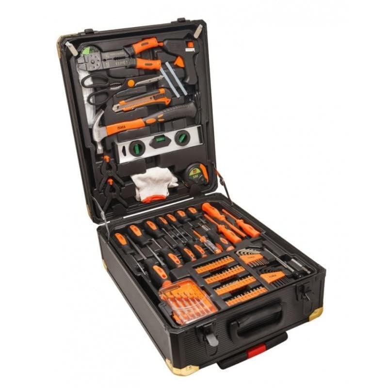 General household hand tool kit in wheeled case: screwdriver, wrench, pliers; 1400-piece set; durable steel tools; black and yellow; organized storage and portability - Image 2
