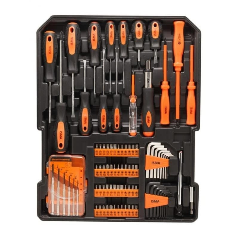 General household hand tool kit in wheeled case: screwdriver, wrench, pliers; 1400-piece set; durable steel tools; black and yellow; organized storage and portability - Image 5
