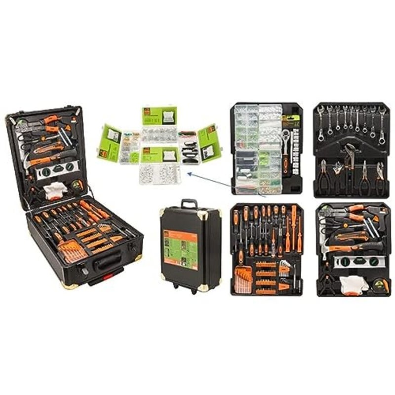 General household hand tool kit in wheeled case: screwdriver, wrench, pliers; 1400-piece set; durable steel tools; black and yellow; organized storage and portability - Image 1