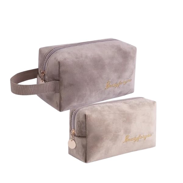 BLUE BEADS Set of 2 Pcs Simple Glossy Cosmetic Velvet Makeup Organiser Pouch Portable Travel Toiletry Bag for Women and Girls (Grey) - Image 1