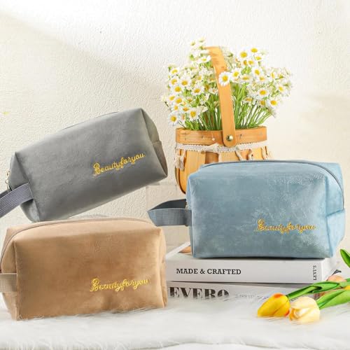 BLUE BEADS Set of 2 Pcs Simple Glossy Cosmetic Velvet Makeup Organiser Pouch Portable Travel Toiletry Bag for Women and Girls (Grey) - Image 5