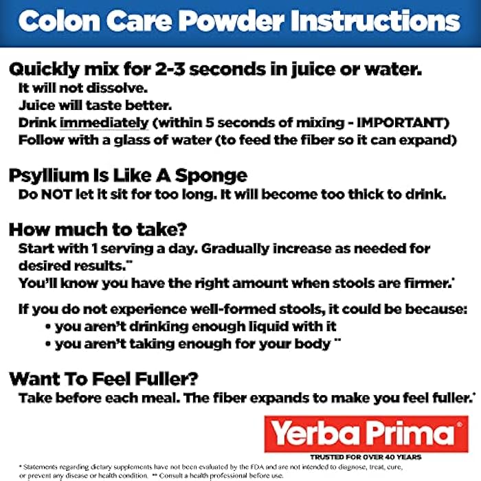 Yerba Prima Prebiotic Colon Care Formula Powder 12 oz - Natural Psyllium Fiber, FOS, Magnesium, Selenium - Non-GMO, Gluten Free, Vegan Daily Supplement for Men & Women - Image 2