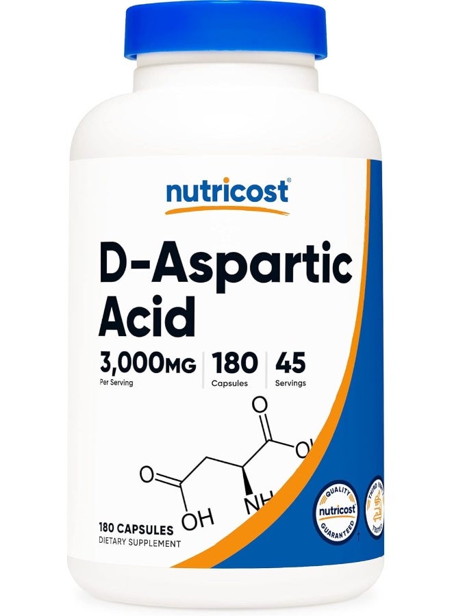 Nutricost D-Aspartic Acid Capsules (Pack of 180 Capsules) (3000mg Serving) - Image 1