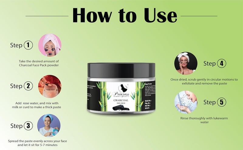 Prinzass The Handmade Cosmetics Prinzass Charcoal Face Pack Powder Charcoal Face Pack with Activated Charcoal for Skin Detoxification Purifies Brightens Skin Removes Impurities Anti Pollution 100g  - Image 4
