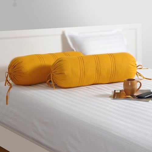 Swayam Set of 2 Cotton Casement Bolster Cover | 30x30 Inch | Soft Breathable Masnad Cover 200TC | Durable & Washable | Solid Bolster Cover for Diwan, Bed & Sofa - Yellow - Image 2