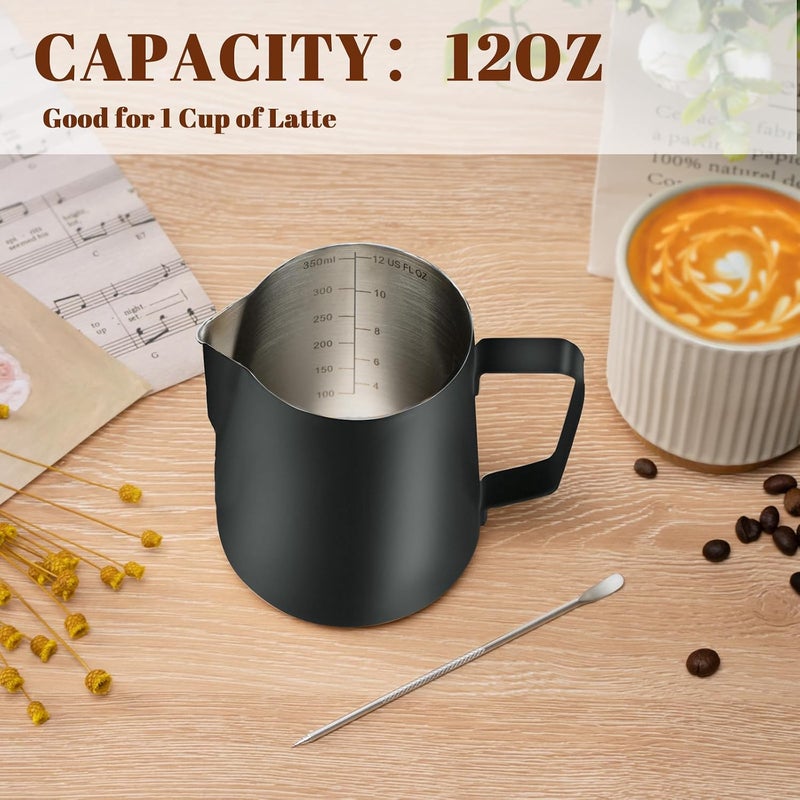 Amrules Milk Frothing Pitcher, 12oz Milk Frother Cup with Clear Scale, 304 Stainless Steel Cappuccino Espresso Machine Accessories for Barista Coffee Bar with Latte Art Pen, Black - Image 4