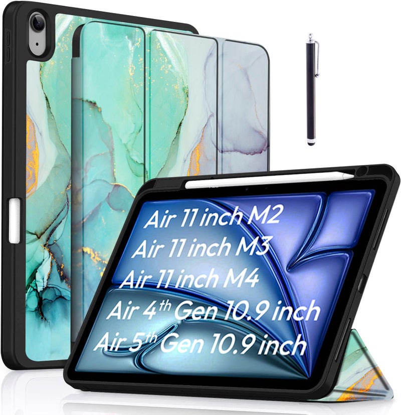 Robustrion Case Cover for iPad Air 11 inch M4/M3/M2 (2024/2025/2026)/iPad Air 4th 5th Generation Cover 10.9" with [Pencil Holder Right Side][Flexible Back][Auto Sleep Wake] and Stylus - Marble Green - Image 1