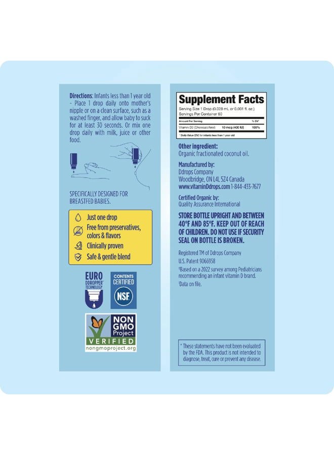 Ddrops Baby 400 IU, Vitamin D, 60 Drops 1.7mL (0.06 Fl. Oz (Pack of 1)) - Image 2