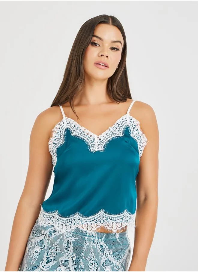 تايك تو Take Two Lace Trim Camisole and Lace Full Shorts Set