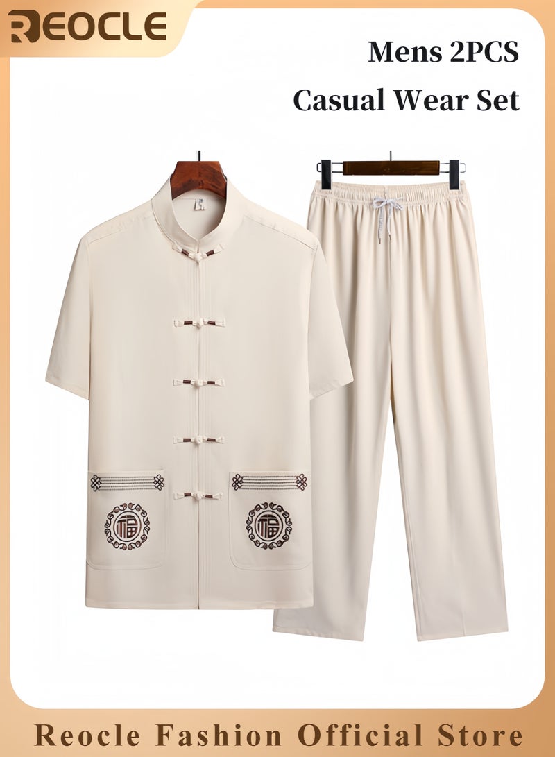 REOCLE Mens 2PCS Set Sophisticated Casual Wear Set Chinese Embroidery Kungfu Suit Set Men Summer Short Sleeves Cotton and Linen Shirts and Pants - Image 1
