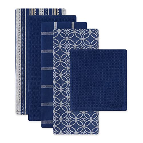 DII Assorted Woven Kitchen Set, Dishtowel, 18x28, Dishcloth, 13x13, Nautical Blue, 5 Piece - Image 2