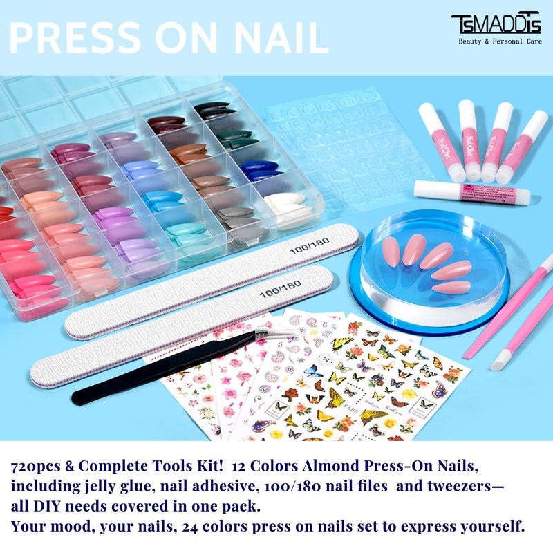 TsMADDTs Press On Nails Almond, 24 Colors 720PCS Short Fake Nails with Glues, Stickers, Tweezer for Women - Image 3