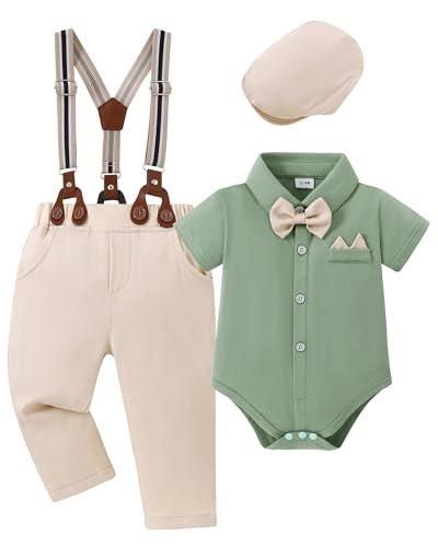 YALLET Baby Boy Clothes Set Infant Tuxedo Gentleman Suit Outfits Formal Dress Shirt Beret Hat Suspender Pants BowtieLight Green 03 Months - Image 1