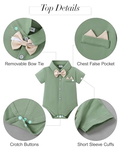 YALLET Baby Boy Clothes Set Infant Tuxedo Gentleman Suit Outfits Formal Dress Shirt Beret Hat Suspender Pants BowtieLight Green 03 Months - Image 3